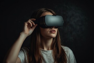 Young woman using glasses of virtual reality on dark background