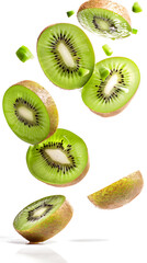 Fototapeta premium Slices of kiwi falling, isolated white background