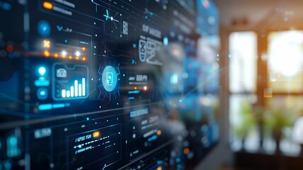 Obraz premium Capture the sophistication of a smart home system powered by machine learning technology, featuring sleek control panels and devices, with a blurred background and ample copy space for text