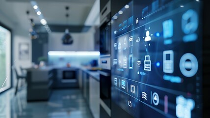 Fototapeta premium Capture the sophistication of a smart home system powered by machine learning technology, featuring sleek control panels and devices, with a blurred background and ample copy space for text