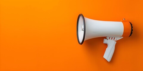 Megaphone advertisement for sales discounts on orange background with copy space. Concept Sales Discounts, Megaphone Ad, Orange Background, Copy Space, Marketing Promotions
