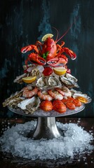 A luxurious seafood tower featuring oysters, shrimp, crab legs, and lobster, with lemon wedges and cocktail sauce, set on a bed of crushed ice