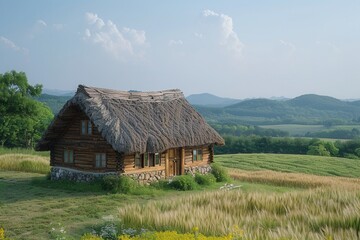 Joseon man in 1500, a small thatched house in a wide field can be seen in the distance, satellite,, HRD, realistic, photo, movie