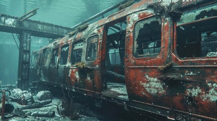 Obraz premium A dilapidated, rusted subway train submerged underwater, highlighting urban decay and underwater exploration themes.