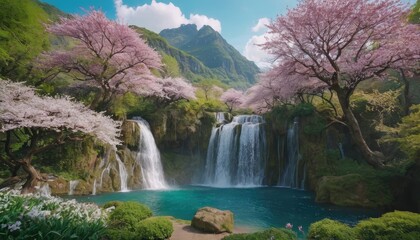 Fototapeta premium Idyllic scenery with cascading waterfalls, blooming cherry trees, and a traditional pagoda, all reflected in the turquoise waters