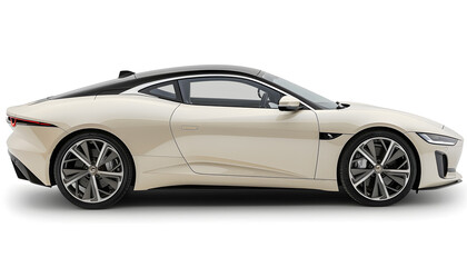 A sleek white car with a black roof parked against a white background. Features include alloy wheels, automotive lighting, and a modern automotive design