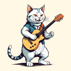 Musical Cat Playing Guitar in Hand Drawn Style