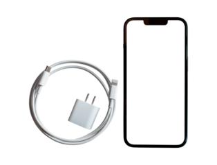 Mobile smartphone mockup with blank screen and USB charging cable isolated on transparent background. PNG File