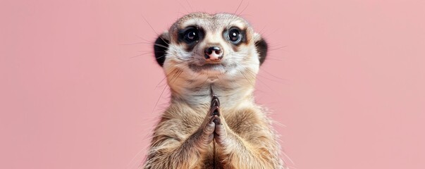 Fototapeta premium Meerkat standing on hind legs with paws together against pink background, adorable animal concept