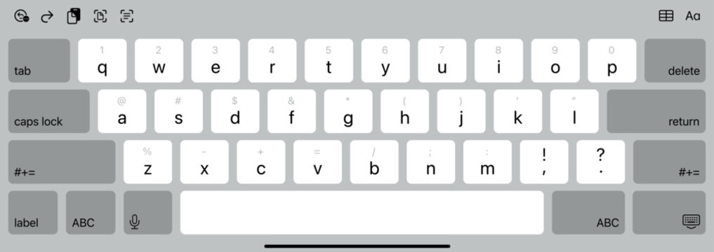 Latest technology Light Mode Keyboard. Isolated white ipad interface Keypad for ios made by Apple, With English Qwerty Alphabet. Vector editable eps illustration layout