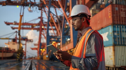 Engineer in safety vest and hard hat overseeing container shipping operations at port
