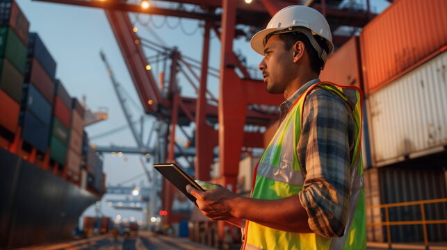 Engineer in safety vest and hard hat overseeing container shipping operations at port