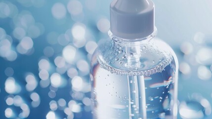 Extreme close up of empty glass bottle for serum on ultrasonic hydro massage beauty device Alice Water Bubble Nozzle for enriching with organic ingredients Blank area