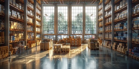 Warehouse Interior with Sunlight Streaming Through Large Windows