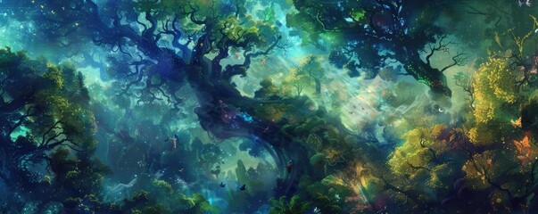 Obraz premium Enchanting mystical forest painting featuring vibrant colors, dense foliage, and surreal lighting, perfect for nature and fantasy themes.