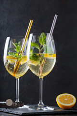 Trendy Elderflower Hugo Spritz Cocktail with Lemon Slice and Mint