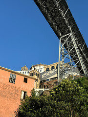 Underneath a Majestic Steel Bridge with Historic Architecture and Clear Blue Sky, Porto Dom Luis I Bridge Over Douro River in Porto, Portugal.