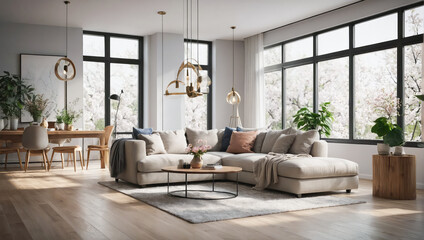 Fototapeta premium A spacious and stylish living and dining area with large windows showcasing a view of blossoming trees. The room features a comfortable sectional sofa and elegant decor.