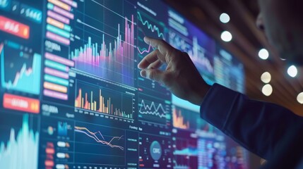 Business finance data analytics graph.Financial management technology.Advisor using KPI Dashboard on virtual screen.