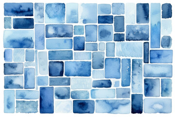Background of watercolor painted rectangles in calming blue hues. Abstract geometric pattern. For backdrops, creative projects, invitations, digital and print design, artistic presentations, packaging