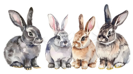 Collection of cute rabbits watercolor isolated on a white background