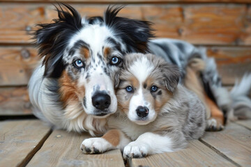 two dogs laying on a wooden deck with their heads close together