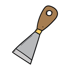 Hand drawn cartoon putty knife with wooden handle on white background.