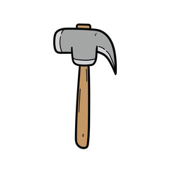 Hand drawn cartoon hammer with wooden handle on white background.