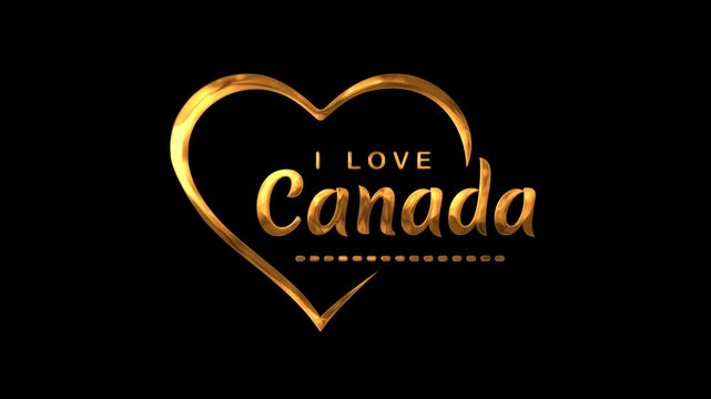 I Love Canada Text Animation on Gold Color. Great for I Love Canada Celebrations with transparent background, for banner, social media feed wallpaper stories