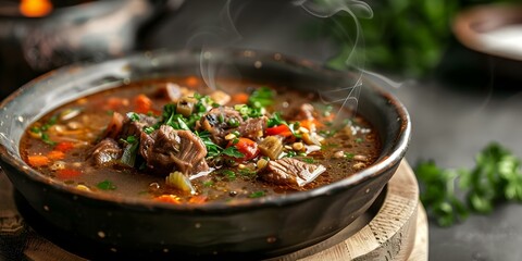 Steamy oxtail soup in a bowl on the dining table. Concept Food Photography, Oxtail Soup, Dining Table, Steamy, Comforting Dish