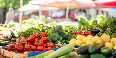 Lively farmers market scene with colorful stalls and fresh produce. Concept Farmers Market, Colorful Stalls, Fresh Produce, Lively Atmosphere