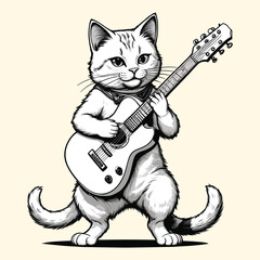 Musical Feline Cat Strumming Guitar Engraved Illustration