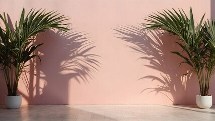 Obraz premium Tropical summer background with empty concrete wall, Palm leaf shadow on wall, A pink wall with three planters and a potted plant on the floor in front of it, Abstract gradient pink studio background.