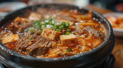 Kimchi stew contains beef and tofu, and the background is Korean.