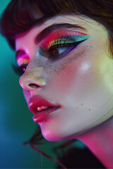 editorial headshot of a beautiful brunette irish model wearing graphic makeup 