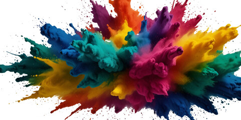 Multicolored rainbow explosion of cloud powder paint holi decoration isolated on transparent background. Vector abstract colorful rainbow holi paint festival background.