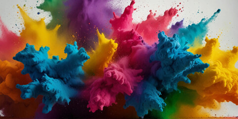 Fototapeta premium Vector colorful vibrant rainbow, smoke and cloud holi paint color powder explosion with bright colors isolated on transparent background. Multicolored explosion of rainbow powder paint holi festival 