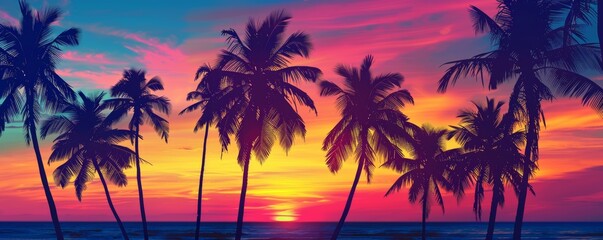 Fototapeta premium Palm trees silhouette at tropical beach sunset, panoramic view. Exotic travel and serene vacation concept