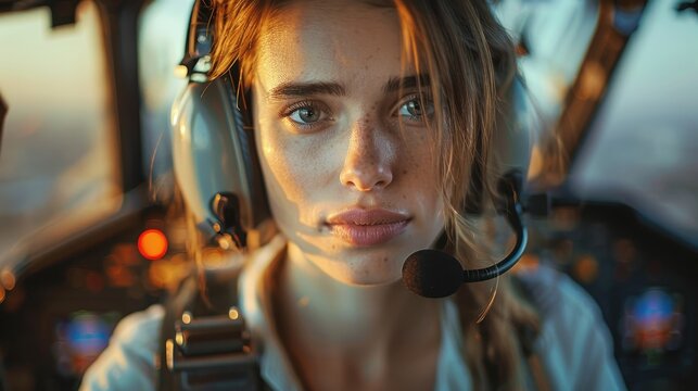 A young female pilot with a serious expression on her face sits in the cockpit, her headset on, indicating the intense focus and responsibility required in aviation.