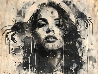 Cancer zodiac sign in the form of a beautiful woman in street art or graffiti style