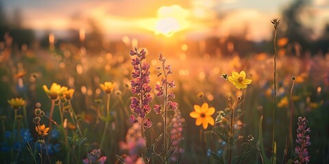 Naklejka premium Captivating sunset scene over meadow in conservation area teeming with local wildlife and flora. Concept Sunset Photoshoot, Meadow Wildlife, Conservation Area, Flora Photography, Natural Beauty