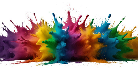 Multicolored rainbow explosion of cloud powder paint holi decoration isolated on transparent background. Vector abstract colorful rainbow holi paint festival background.