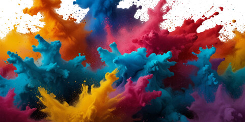 Multicolored rainbow explosion of cloud powder paint holi decoration isolated on transparent background. Vector abstract colorful rainbow holi paint festival background.