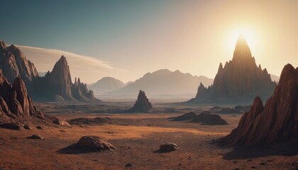 Naklejka premium A breathtaking desert landscape with towering rocky peaks and scattered dry grass under a bright sun