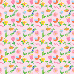 Colorful birds and flowers seamless pattern