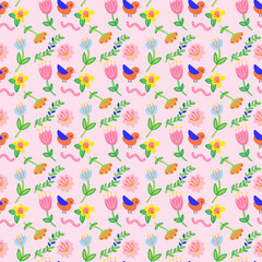 Colorful birds and flowers seamless pattern