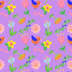 Colorful birds and flowers seamless pattern