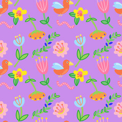 Colorful birds and flowers seamless pattern