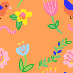 Colorful birds and flowers seamless pattern
