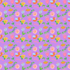Colorful birds and flowers seamless pattern